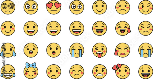 Large collection of yellow emoji faces with various expressions including happy sad angry surprised crying and laughing icons.