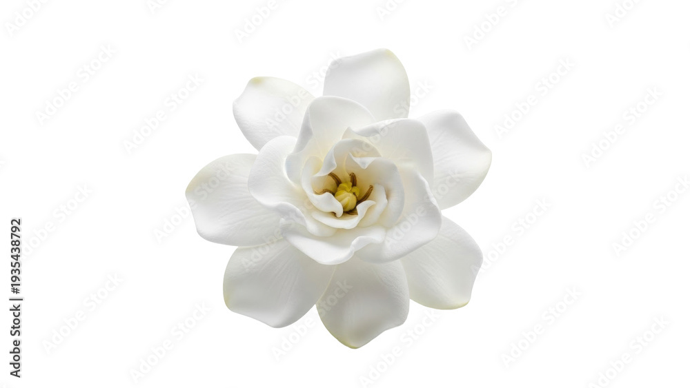 Fototapeta premium Isolated gardenia flower blossom, an elegant bloom with delicate, pure petals against light