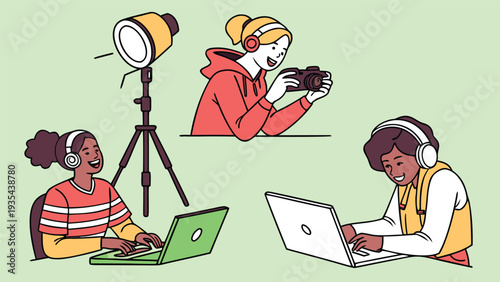 Diverse young creative professionals working on digital content creation using laptops, camera, and studio lighting in a flat vector illustration style background.