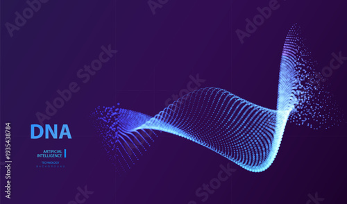 Medical Ai code dna banner vector. DNA genome particle blue waves, future connect innovation design. Science biology molecule background. Biotechnology ai genetic concept.