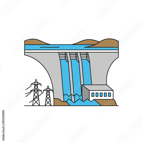 Hydroelectric Dam with Water Flowing Down Generating Power, Illustrated from a Frontal Viewpoint