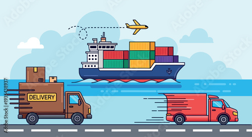 Cargo ship, airplane, and delivery trucks representing global logistics and fast transportation for ecommerce and worldwide shipping services