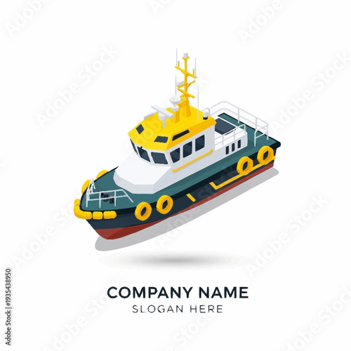 Tugboat Vector Illustration with Yellow Cabin.