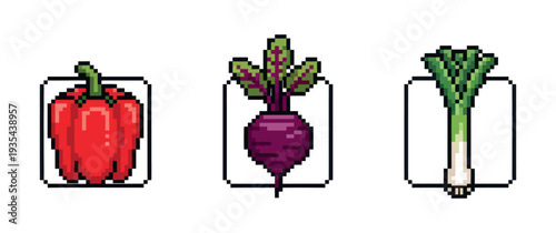 Red bell pepper, purple beetroot, and green leek pixelated vegetables for a healthy eating game interface or food recipe application menu icon for digital screens.
