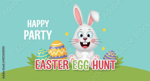 Adorable Easter bunny character with colorful eggs on green grass for a fun party event or spring holiday celebration promotional material