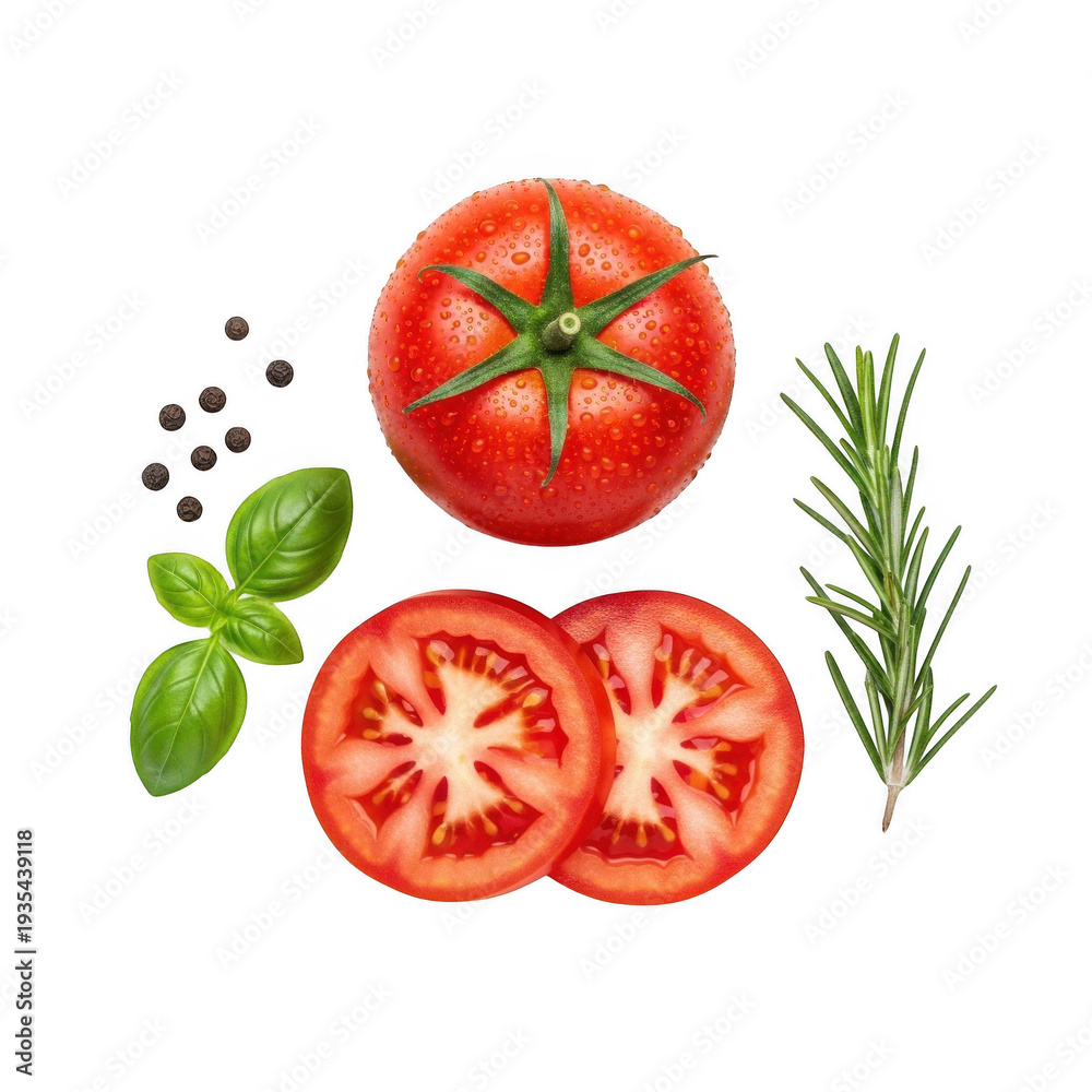 Fototapeta premium Fresh tomatoes and herbs arranged on a white background with peppercorns.