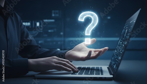 Question mark hovering over open palm, person typing on laptop, abstract technology background, digital information, concept of inquiry and research