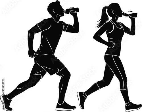 Running athletes drinking water silhouette vector, man and woman jogging isolated on white background fitness illustration
