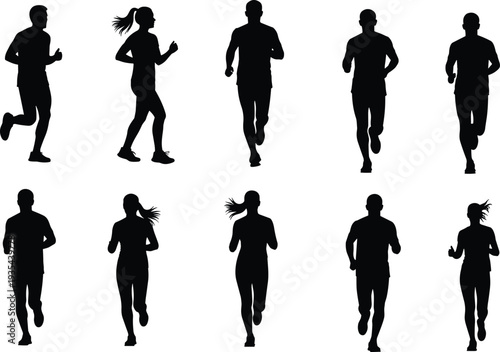 Running people silhouette set vector, men and women jogger figures isolated on white background fitness illustration collection