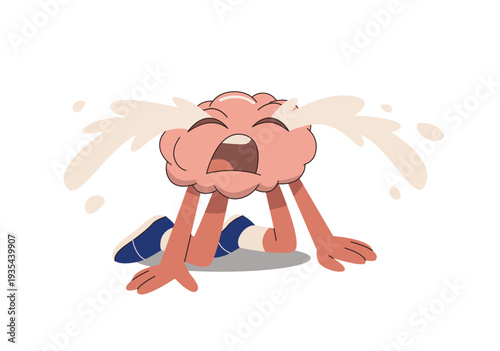  Brain character kneeling and crying heavily. Representing deep sadness, Flat vector design illustration.