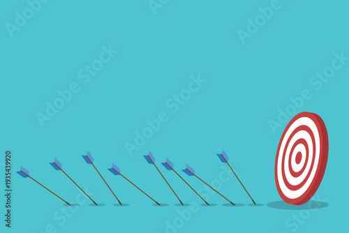 Business Strategy Target Concept with Arrows Missing Bullseye – Goal Achievement, Marketing Performance, Planning, Failure Analysis and Growth Flat Vector Illustration
