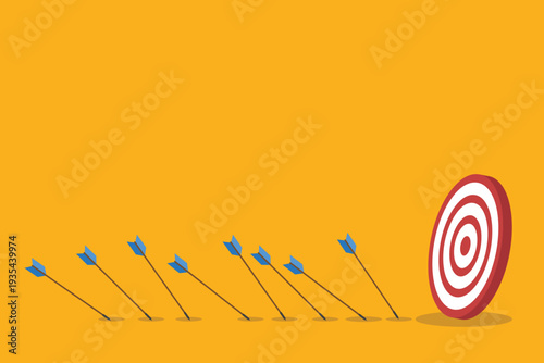 Business Strategy Target Concept with Arrows Missing Bullseye – Goal Achievement, Marketing Performance, Planning, Failure Analysis and Growth Flat Vector Illustration