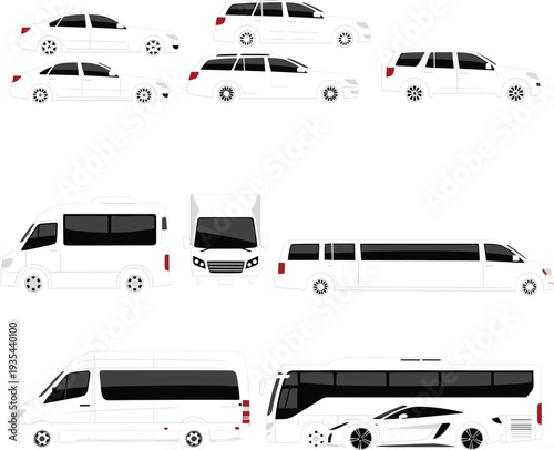 Limousine and party bus silhouette set vector illustration, stretch limo SUV bus long vehicles multiple views for wedding event luxury transport designs