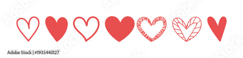 Collection of various heart shapes in red color for valentine day or love concept