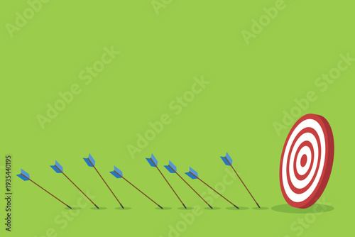 Business Strategy Target Concept with Arrows Missing Bullseye – Goal Achievement, Marketing Performance, Planning, Failure Analysis and Growth Flat Vector Illustration