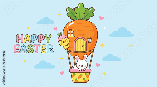 Cute Happy Easter bunny and chick in a carrot hot air balloon in pastel sky