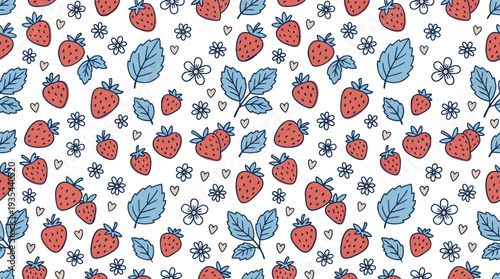 Seamless Strawberry Pattern with Leaves Flowers and Hearts