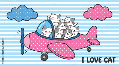 Adorable cartoon cats flying a pink airplane with clouds in a striped blue sky
