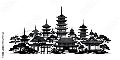 Japanese temples and pagodas silhouetted, representing traditional Asian architecture, zen culture, and historical landmarks