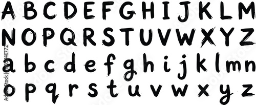 Bold grunge alphabet with lowercase and uppercase letters. Brush drawn grunge typography.