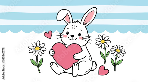 Cute cartoon white rabbit holding a pink heart with daisies under a blue sky