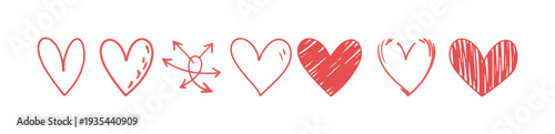 Group of heart icons with different artistic styles and directional arrows indicating love