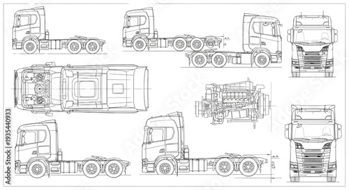 Modern Tractor Truck AutoCAD Blueprint Vector – Multi View Transport Vehicle Technical Drawing