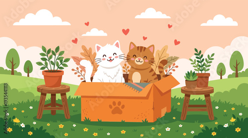 Happy White and Tabby Cats Sitting in a Cardboard Box Outdoors with Plants