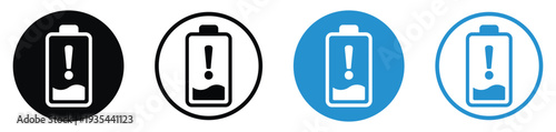 Smartphone icons displaying a low battery with a central exclamation mark alert. Vector illustration in solid and outline styles for mobile UI and battery health warning notifications.