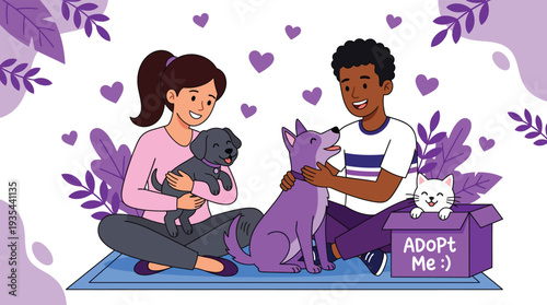 Happy diverse couple adopting puppy dog and cat demonstrating love and pet care