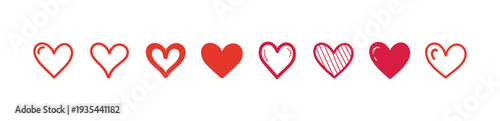 Selection of red and pink heart icons with varied outlines and fill for romance