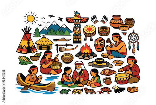 Indigenous people performing traditional activities, featuring cultural symbols, artifacts, and natural elements of Native American heritage