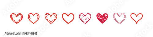 Set of eight red outline hearts valentine day symbols love and romance icons doodle style design