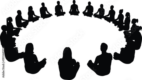 Yoga meditation circle silhouette set vector, people sitting together isolated on white background mindfulness illustration collection