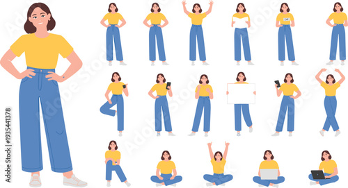 Young casual woman character pose collection vector illustration, modern female cartoon avatar with different gestures isolated on white background