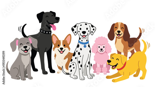 A group of happy diverse cartoon dogs smiling on a white background