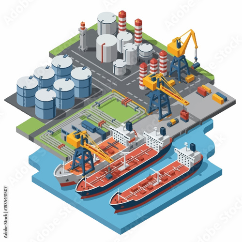 Isometric Illustration of Industrial Oil Refinery with Tankers.