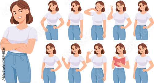 Young woman character pose set vector illustration, casual female cartoon avatar with different gestures isolated on white background