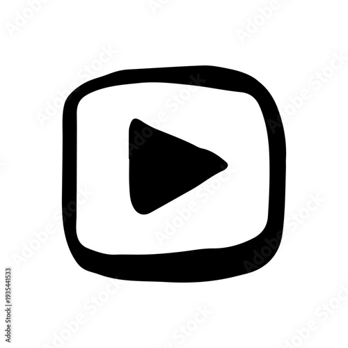 Hand-drawn doodle of a minimalist play button icon within a rounded square frame, representing video content, media streaming, and creative digital interface design
