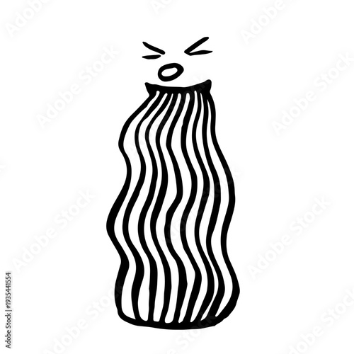 Hand-drawn doodle of a quirky character with an eyes-closed, strained face and long striped rainbow vomit flowing from its mouth, representing expressive humor and creative design