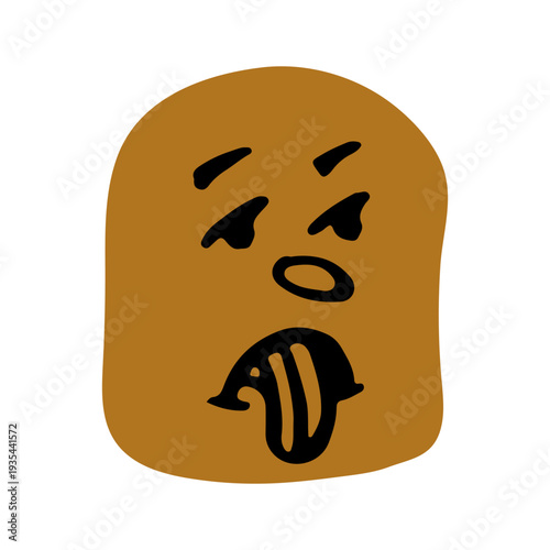 Hand-drawn doodle of a tan square character with a disgusted facial expression and its tongue sticking out, representing aversion, dislike, and creative emoji design
