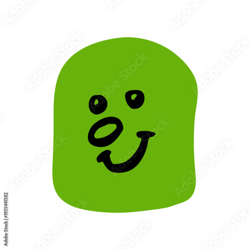 bright green square character with a good-natured smiling facial expression, representing positive emotions, joy, and creative emoji design