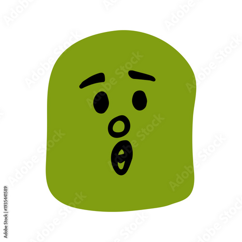 Hand-drawn doodle of a lime green square character with a surprised or shocked facial expression, representing disbelief, wonder, and creative emoji design