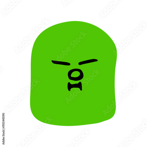 lime green square character with a grumpy or skeptical facial expression, featuring narrow eyes and a small frowning mouth, representing annoyance or creative emoji design