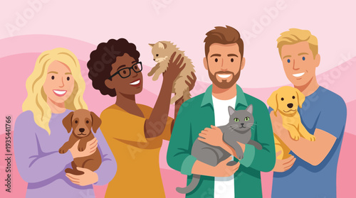 Diverse group of happy people holding cute puppies and kittens on a pink background