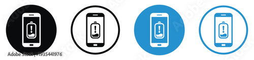 Smartphone icons displaying a low battery with a central exclamation mark alert. Vector illustration in solid and outline styles for mobile UI and battery health warning notifications.