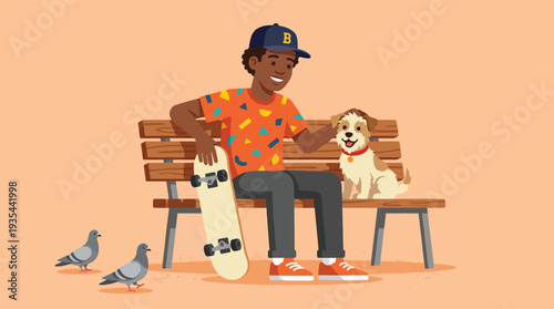 A young Black man petting his dog on a park bench with a skateboard and pigeons