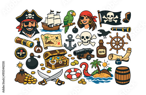 Exploring a collection of pirate-themed cartoon illustrations with icons and symbols for games, children's books, or fantasy designs