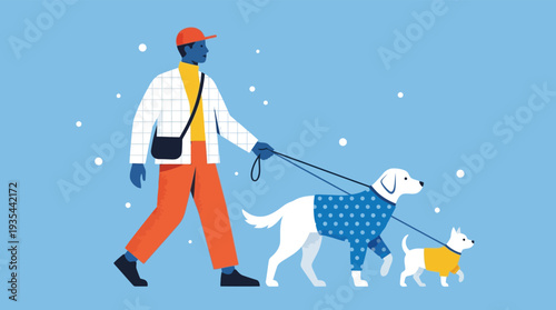 Stylish man walking his two dogs in sweaters during winter on a blue background