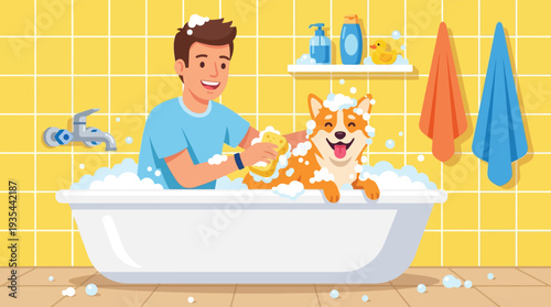 Happy man bathing a cute Corgi dog in a bubbly bathtub